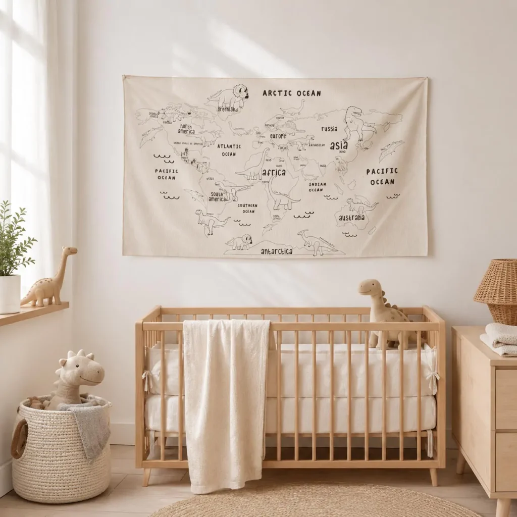 Minimalist prehistoric world map fabric hanging safely in a neutral baby room