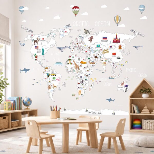World Map Countries Neutral Textile Decal for Kids Room