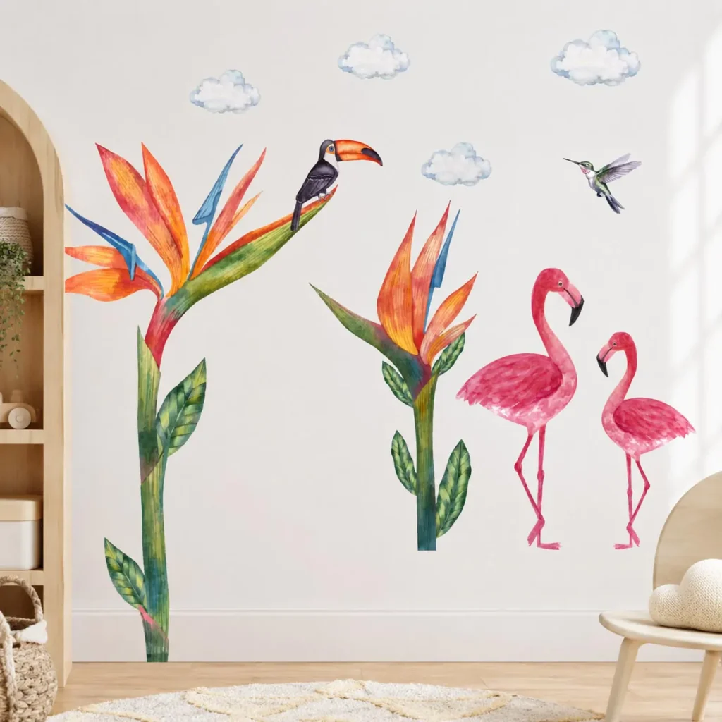 Animal wall decals for nursery: which style fits best? 4 exotic jungle textile wall decal featuring watercolor bird of paradise flowers, pink flamingos, and a toucan in a nursery room