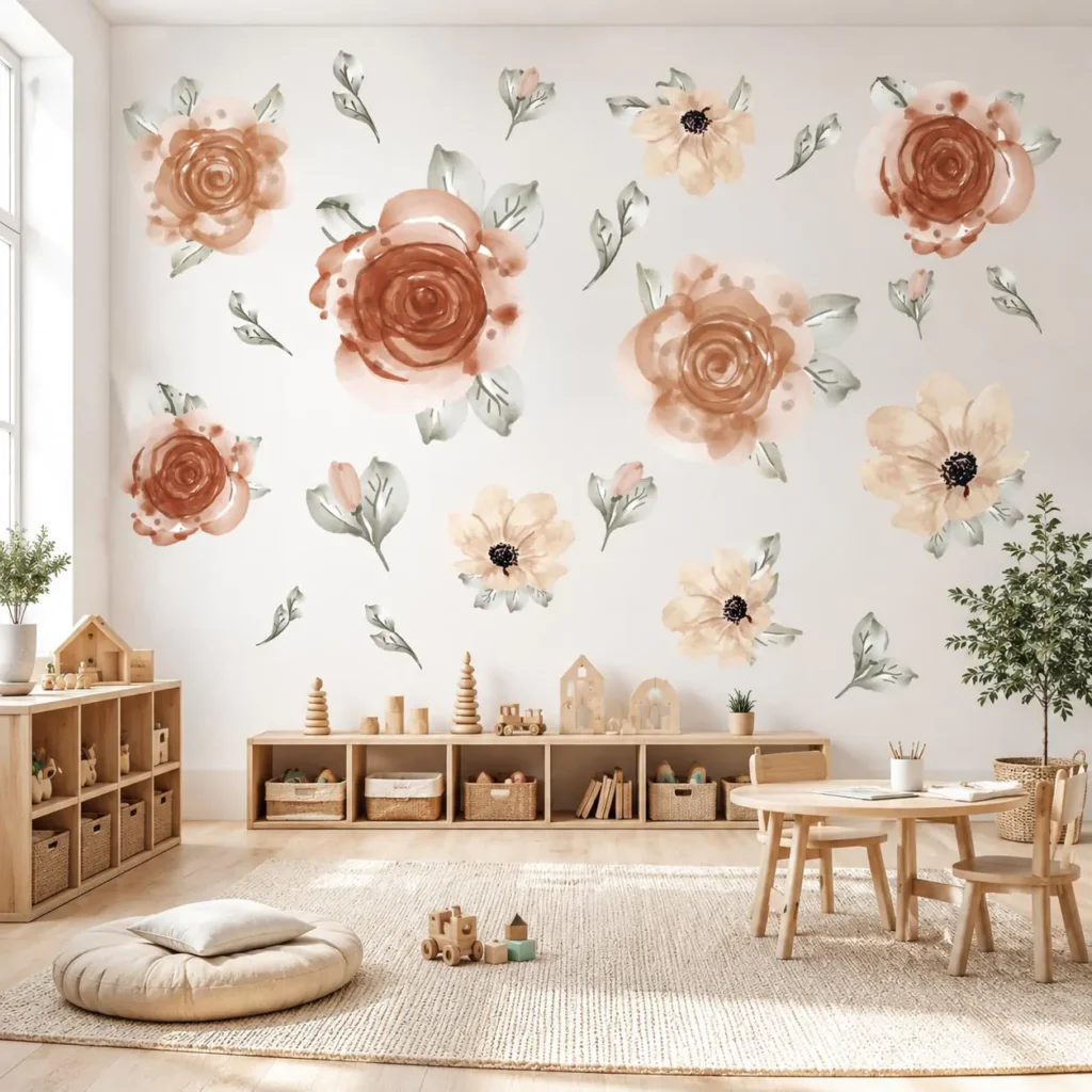 large watercolor flower wall decals in terracotta and neutral tones decorating a kids nursery wall above a wooden table and chairs