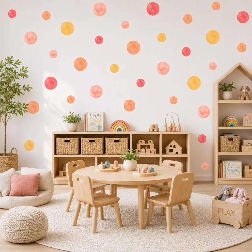 Rainbow polka dot wall decals in a kids room with play table and chairs