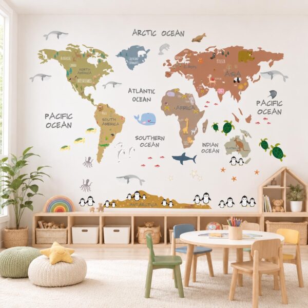 World Map Animal Textile Decal for Kids Room