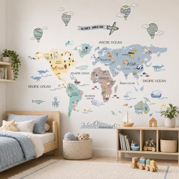World Map Custom Sky Textile Decal for Nursery