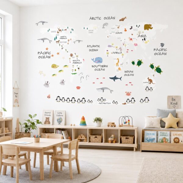 World Map Neutral Animal Textile Decal for Nursery