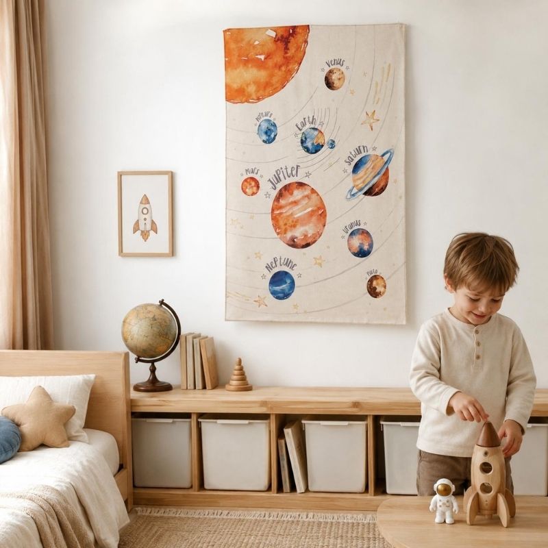 Outer space nursery decor, celestial wall hangings, realistic planet tapestry, modern kids room styling, astronaut wall art, text-free nursery designs, minimalist solar system, neutral room themes, cosmic wall decals
