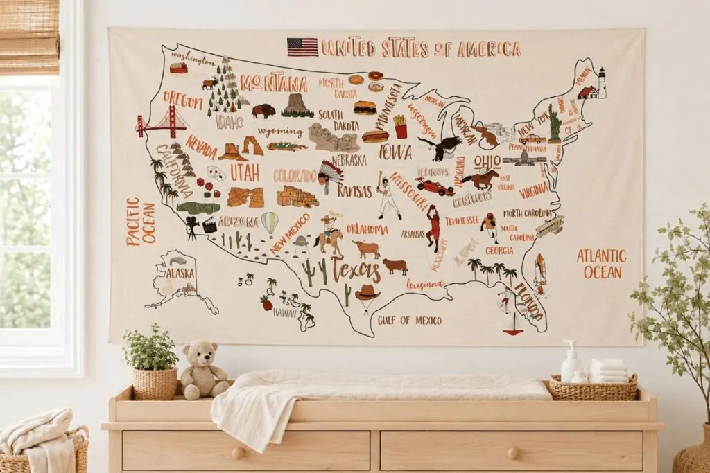 Educational world map wall hanging displayed safely above a wooden nursery dresser