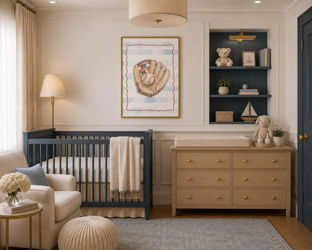 Framed baseball glove art print in boy's nursery