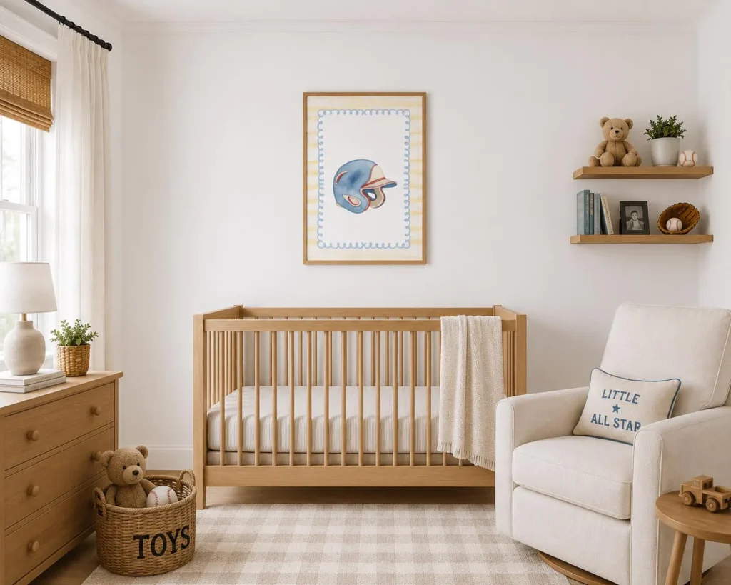 Framed baseball helmet art print above nursery dresser