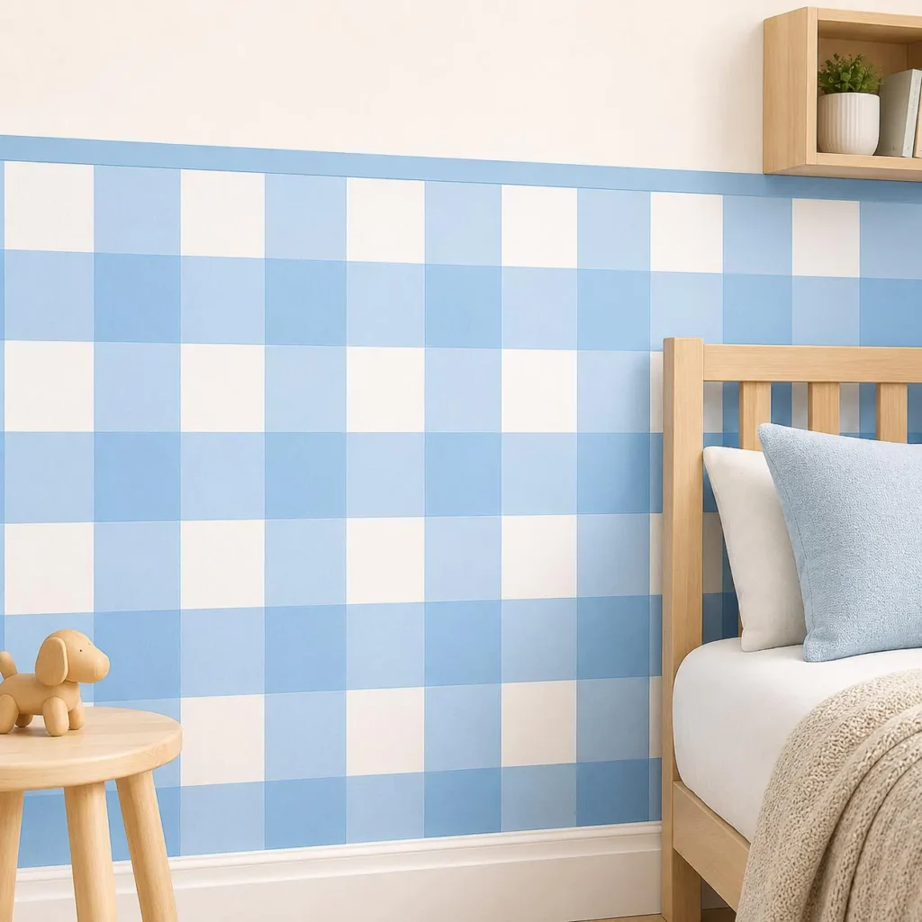 Removable blue checkered wainscoting panels in a kids' room, perfect for rental homes.