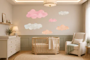 A professional interior design photograph showcasing a completed safe cloud nursery decor environment. Soft, PVC-free textured cloud decals are arranged on a safe sage green wall, complemented by an amber-toned cloud LED nightlight and a plush woven Dos Junior cloud rug.