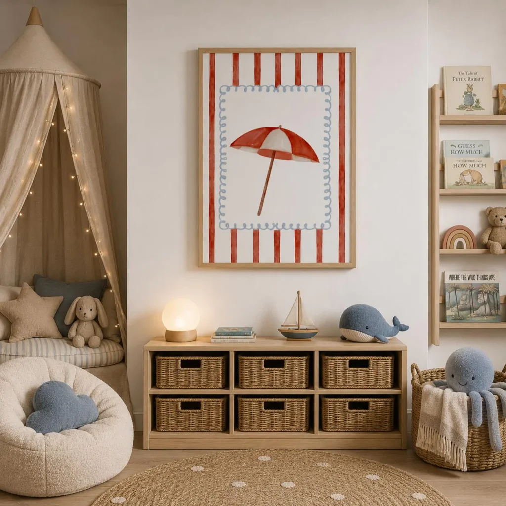 How to Decorate a Gender-Neutral Nursery: Top Tips 4 Affordable gender neutral nursery decor under 100 dollars featuring a minimalist framed print and a draped canopy.