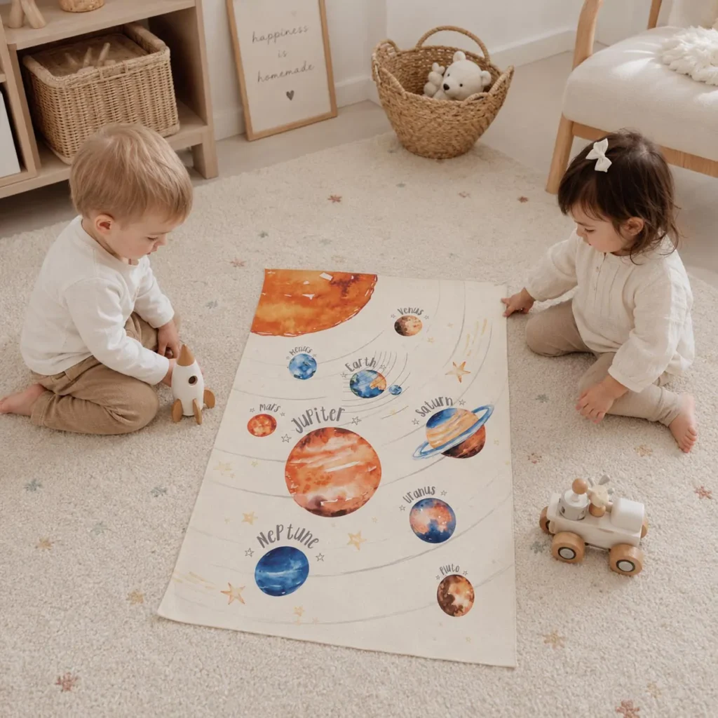 Layered area rugs over rental flooring for a cozy and safe baby room