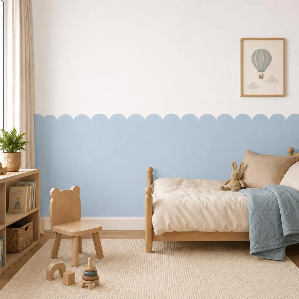 Pastel blue scalloped half wallpaper decal creating a damage-free wainscoting effect in a neutral rental nursery