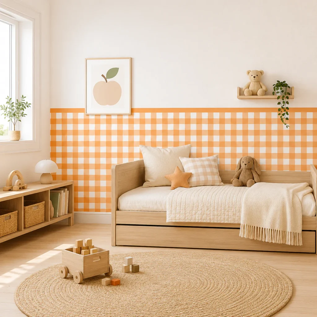 How to Decorate a Gender-Neutral Nursery: Top Tips 2 Warm terracotta and mustard gender neutral nursery colors featuring a modern wooden bed and an organic jute rug.