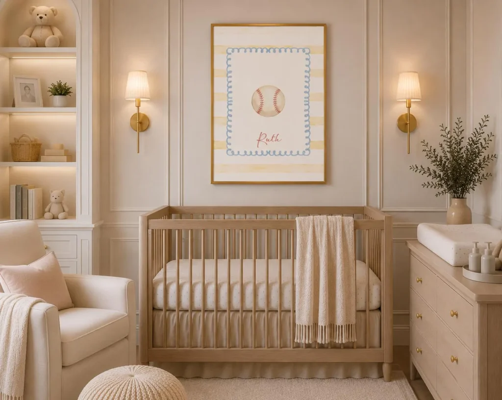 Personalized baseball art print above wooden crib