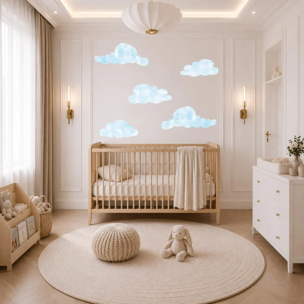 Cloud Nursery Decor: Creating a Calm and Safe Baby Room 2 Dos Junior safe, removable blue cloud nursery decor sticker application close-up.