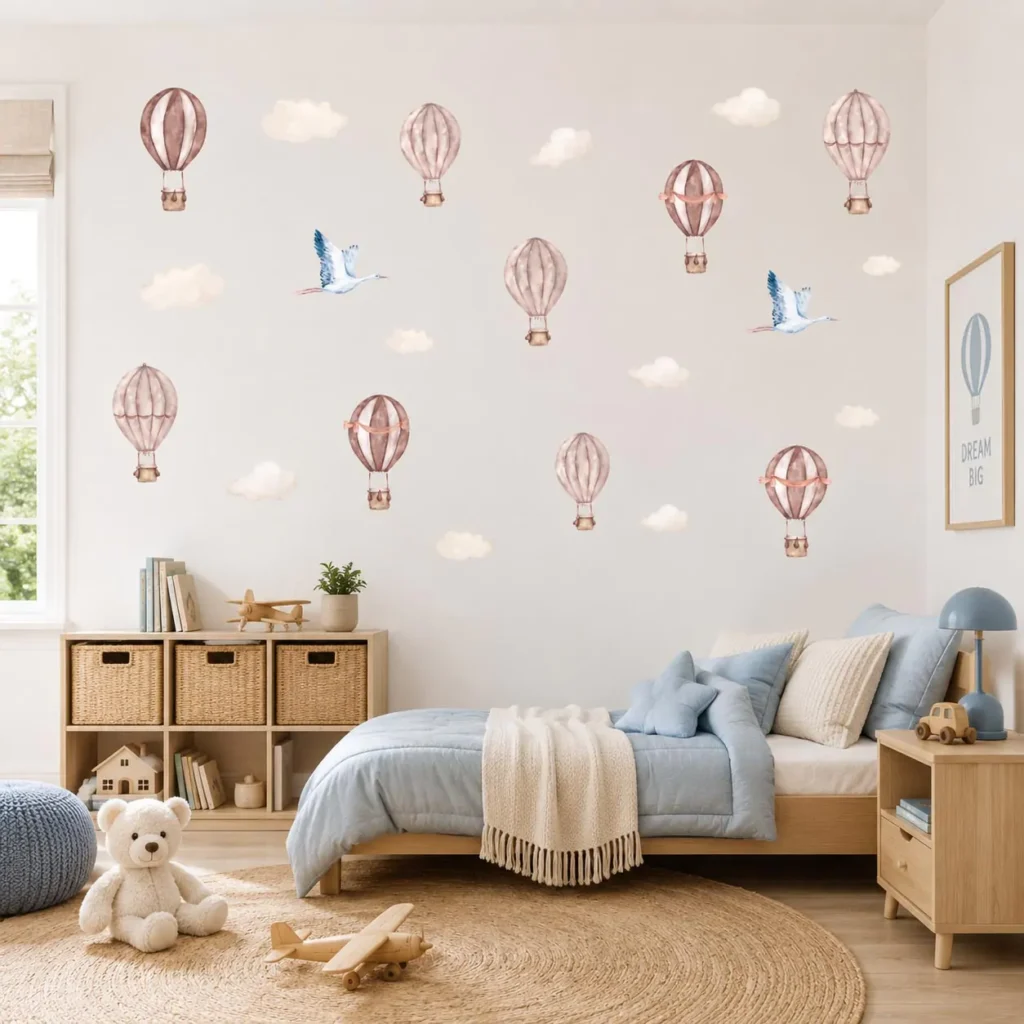 Vintage hot air balloon removable wall decals used in a slate blue boho boy nursery decor theme.