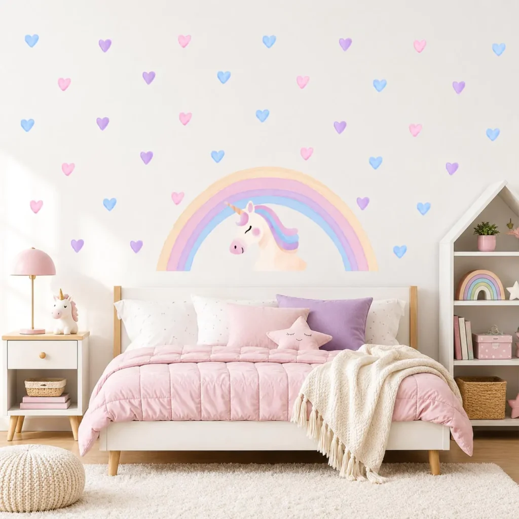 What does a modern unicorn bedroom mean in contemporary design? 5 Removable Rainbow Unicorn Pvc Free Decal1