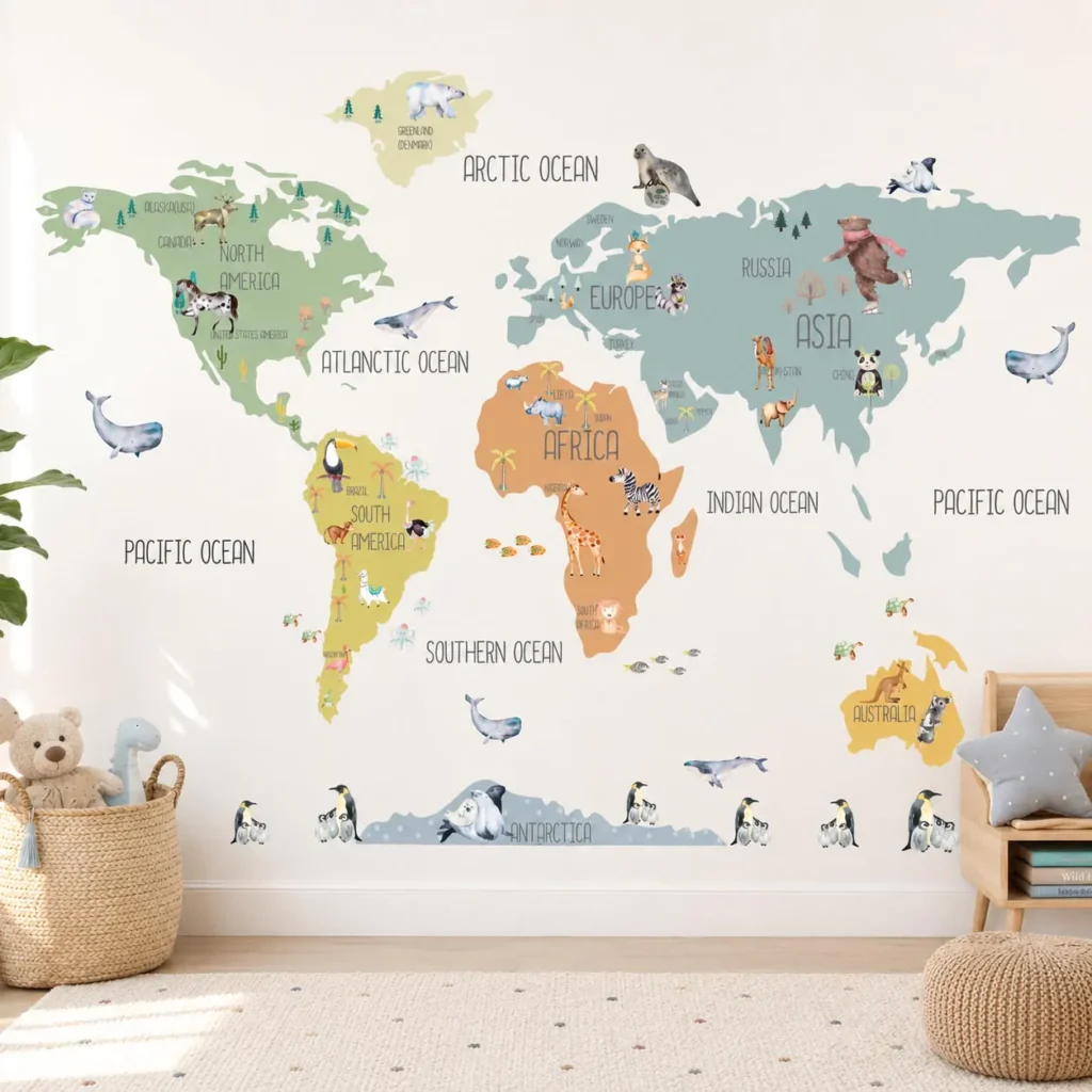 Earth and sage green educational world map wall decal for a gender neutral boho nursery theme design.