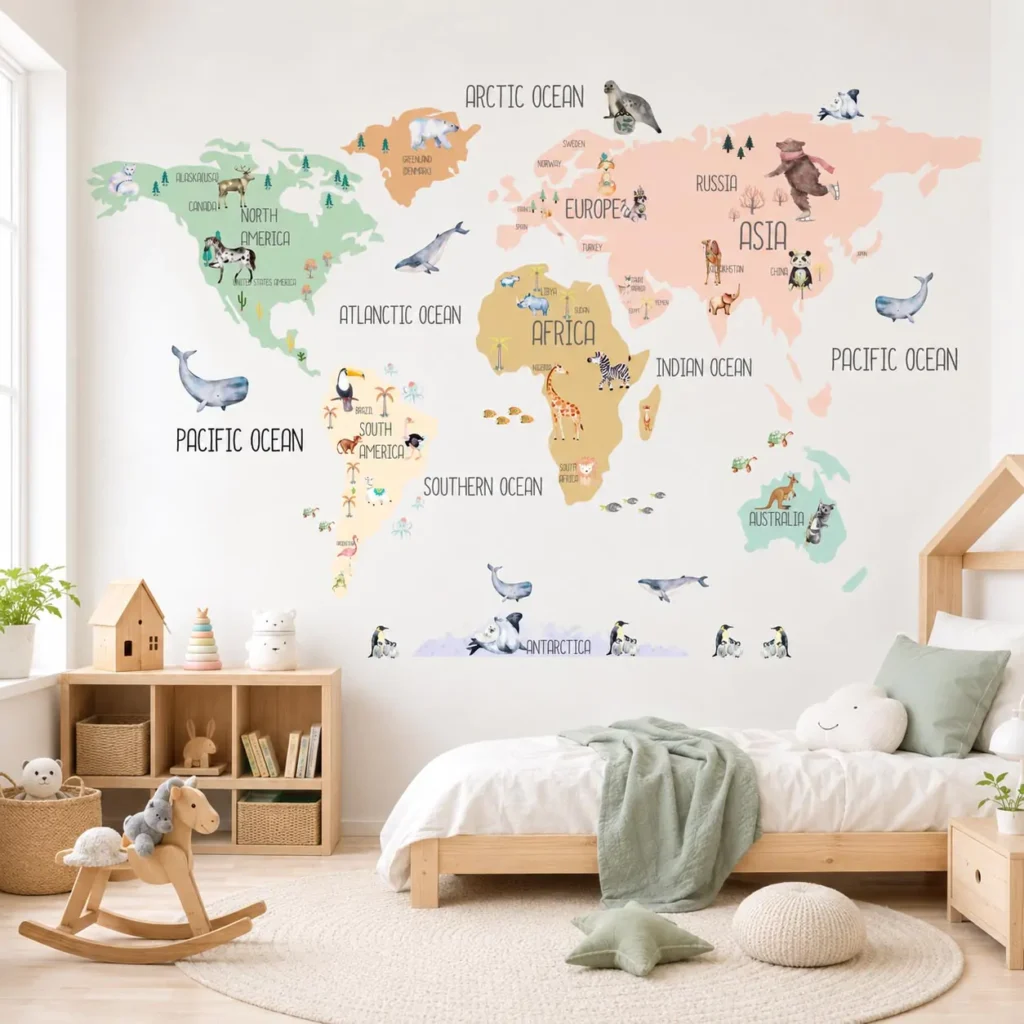 Warm pastel PVC-free world map nursery wall decor decal creating a focal point in a bohemian baby room.