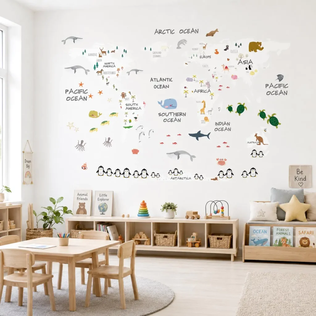 Minimalist world atlas wall decal with simple animal outlines placed at child eye level in a bright playroom