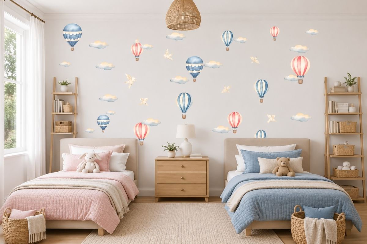 Rental friendly nursery decor featuring watercolor hot air balloon fabric wall decals in a shared boy and girl room