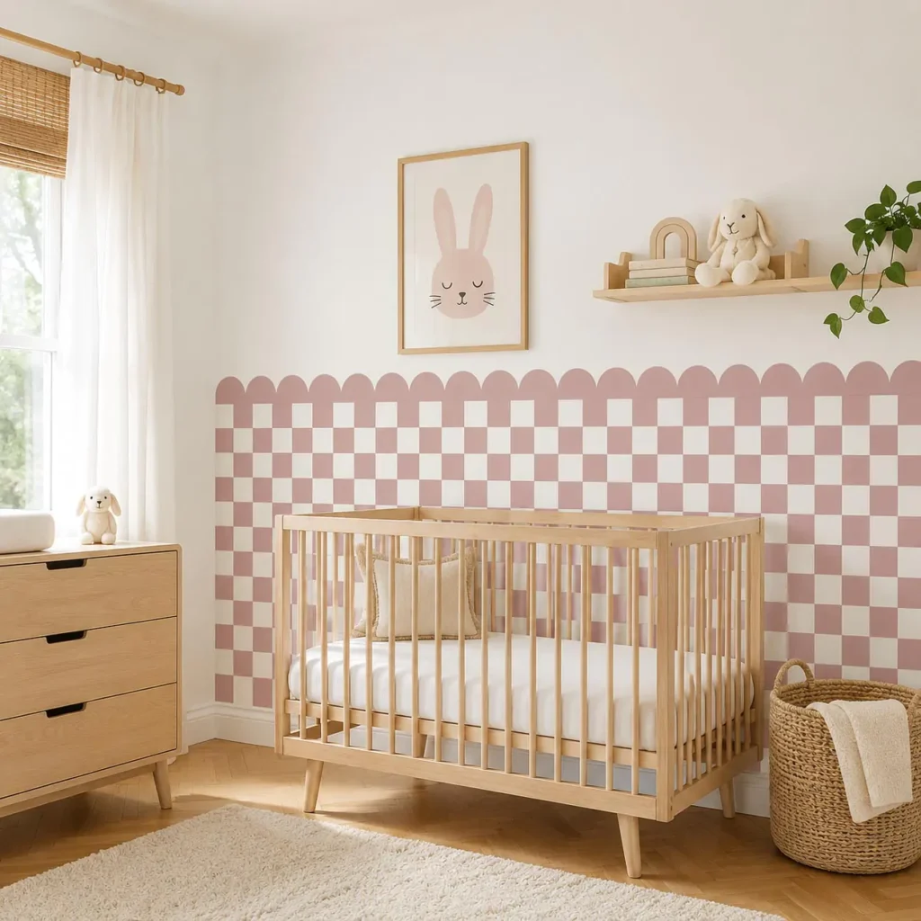 Dusty pink scalloped checkered peel and stick wainscoting behind a natural wood crib in a nursery.