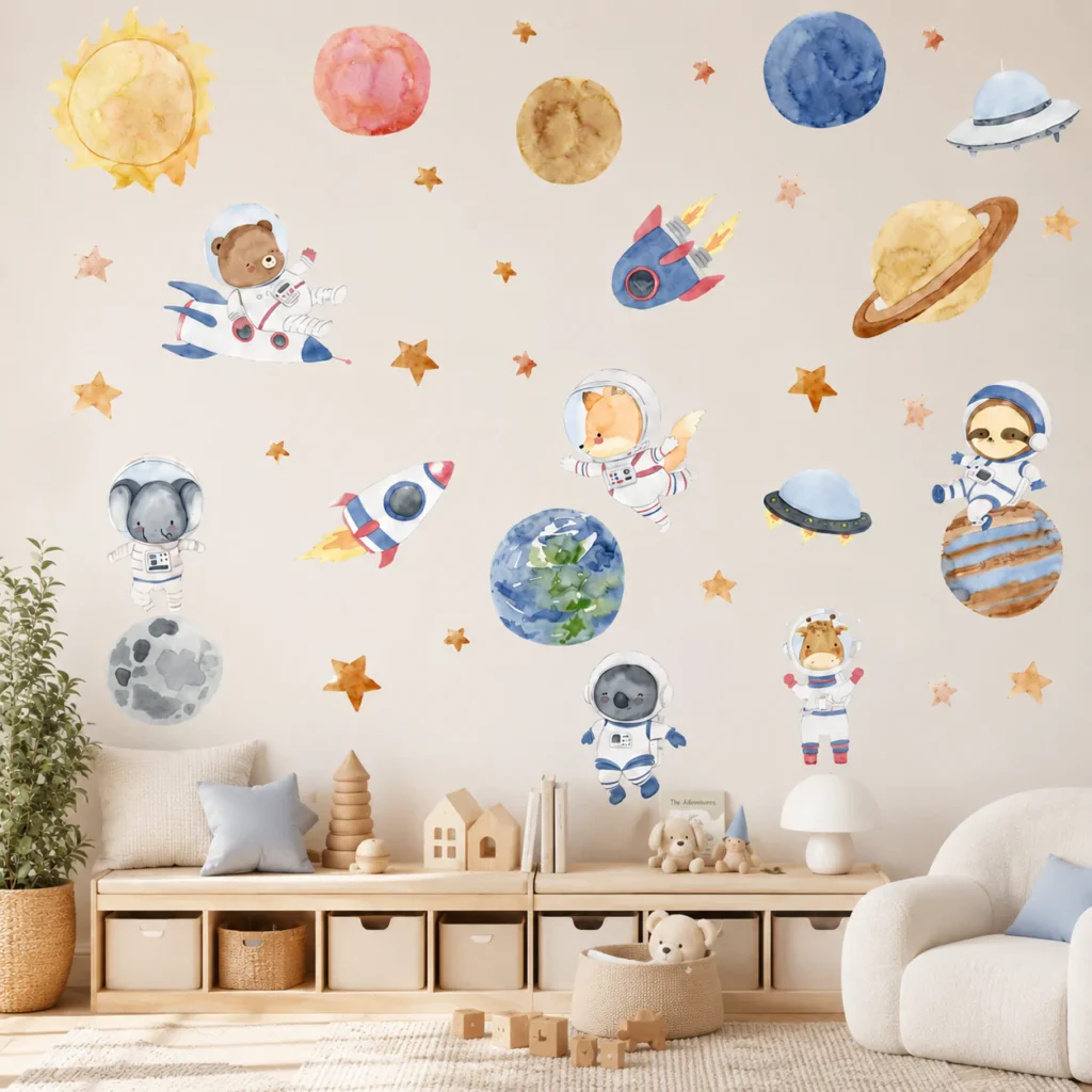 Space Wall Decals: How to Design a Cosmic Nursery Room? 5 Space wall decal placement with planets and stars in nursery