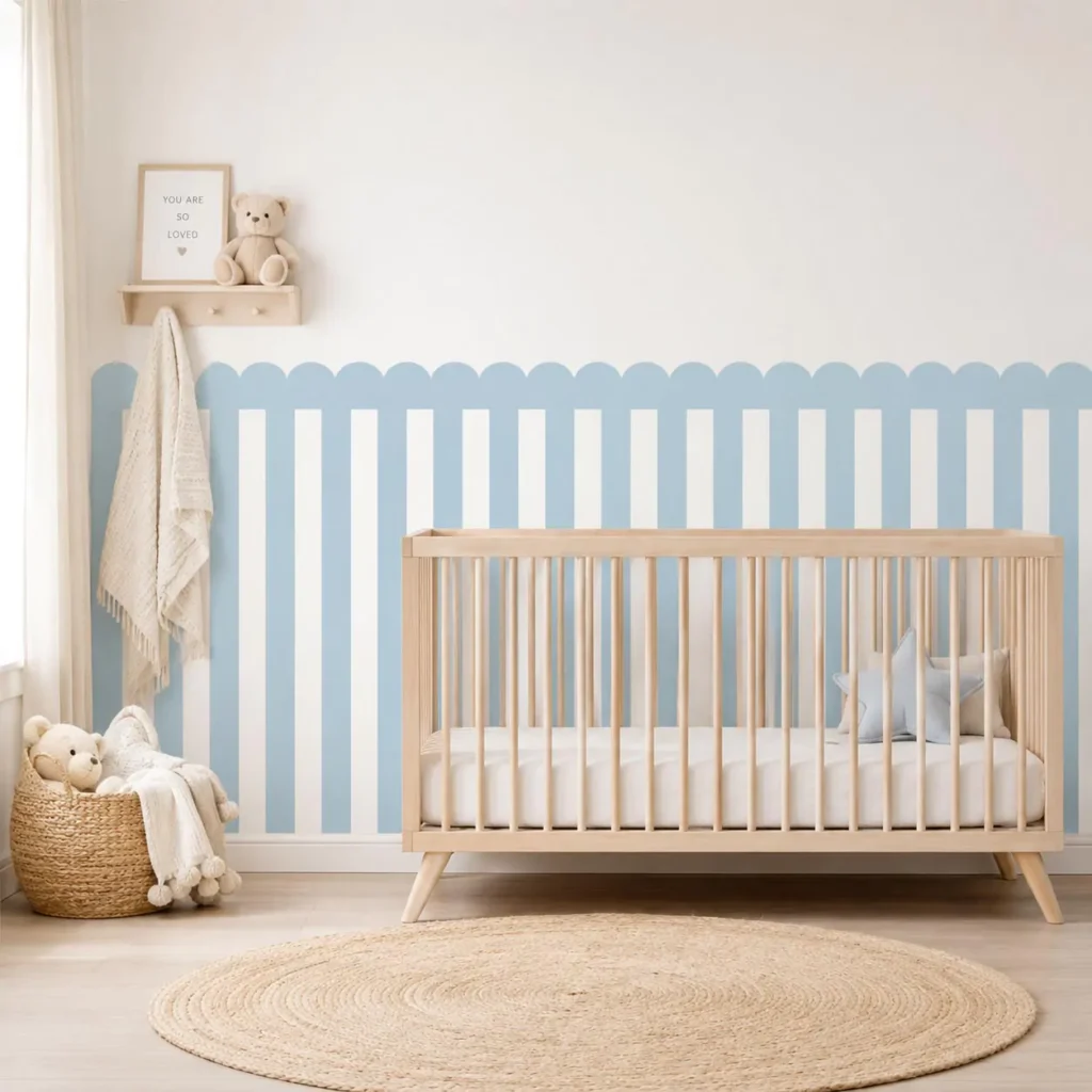 baby boy nursery ideas,  neutral boy nursery decor, modern baby room, nursery wall art, fabric wall decals, sage green nursery, small room nursery layout, minimalist room design