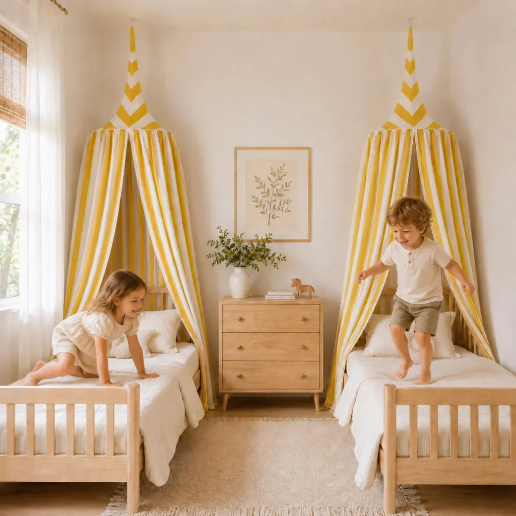 A bright and cozy kids' bedroom featuring two young children playing on twin wooden beds, each decorated with a yellow and white striped sunshine bed canopy.