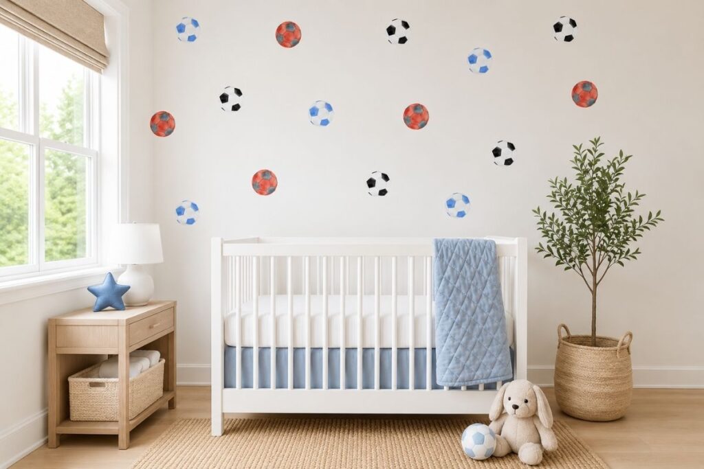baby boy nursery ideas, neutral boy nursery decor, modern baby room, nursery wall art, fabric wall decals, sage green nursery, small room nursery layout, minimalist room design