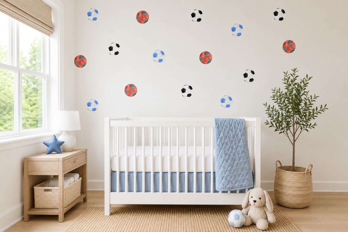 baby boy nursery ideas, neutral boy nursery decor, modern baby room, nursery wall art, fabric wall decals, sage green nursery, small room nursery layout, minimalist room design