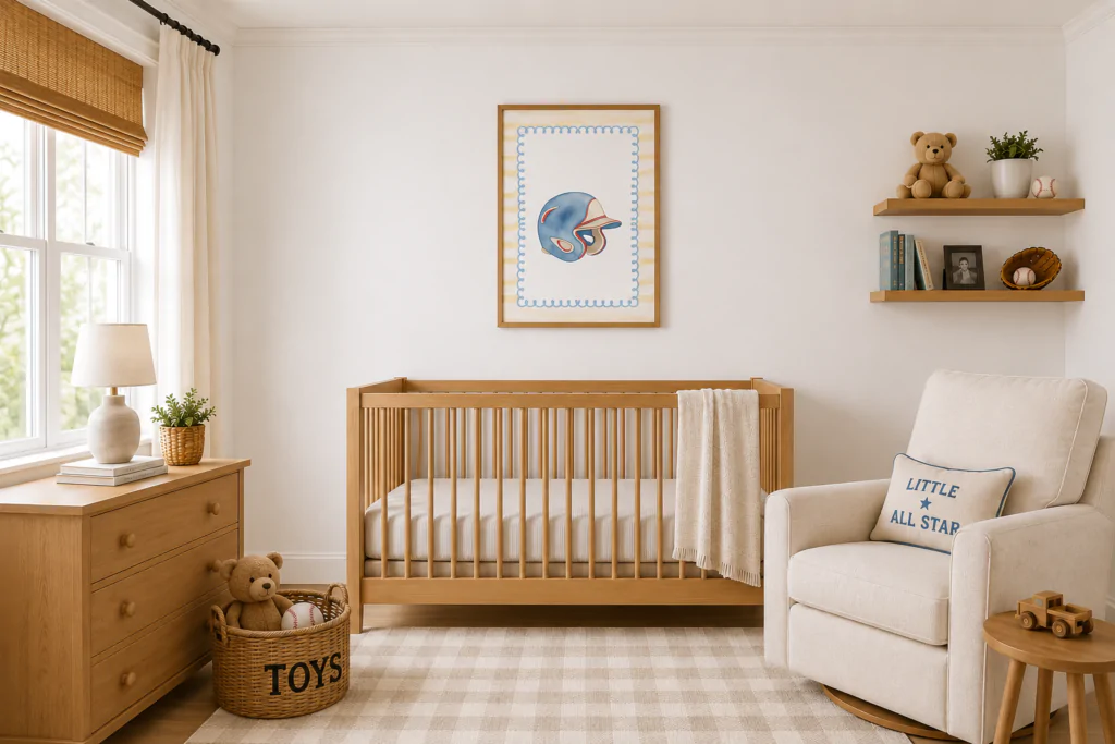 Framed baseball wall art above dresser in nursery