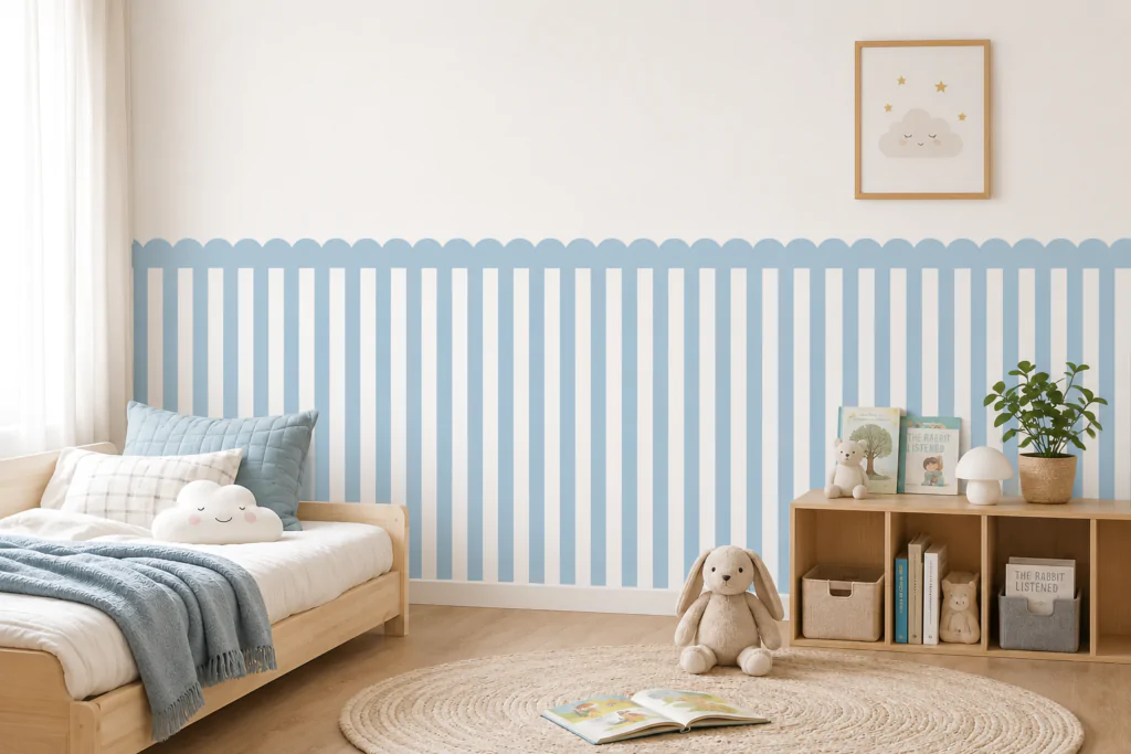 Blue scalloped stripe peel and stick wainscoting ideas for a modern kids' room.