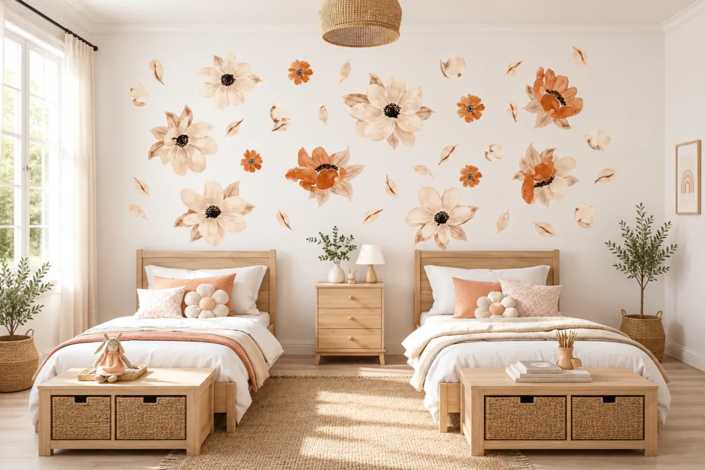 A beautifully styled kids room with floral wall decals showcasing inspiring boho nursery decor.