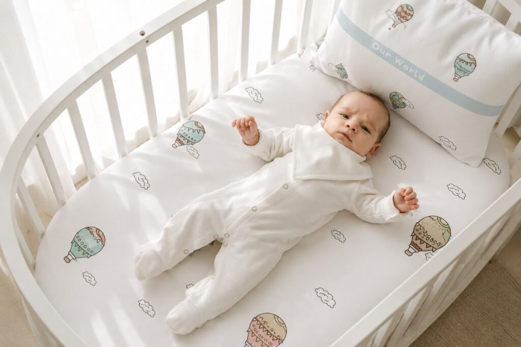 Safe infant sleep environment featuring a snugly fitted crib bedding set in a white modern nursery crib