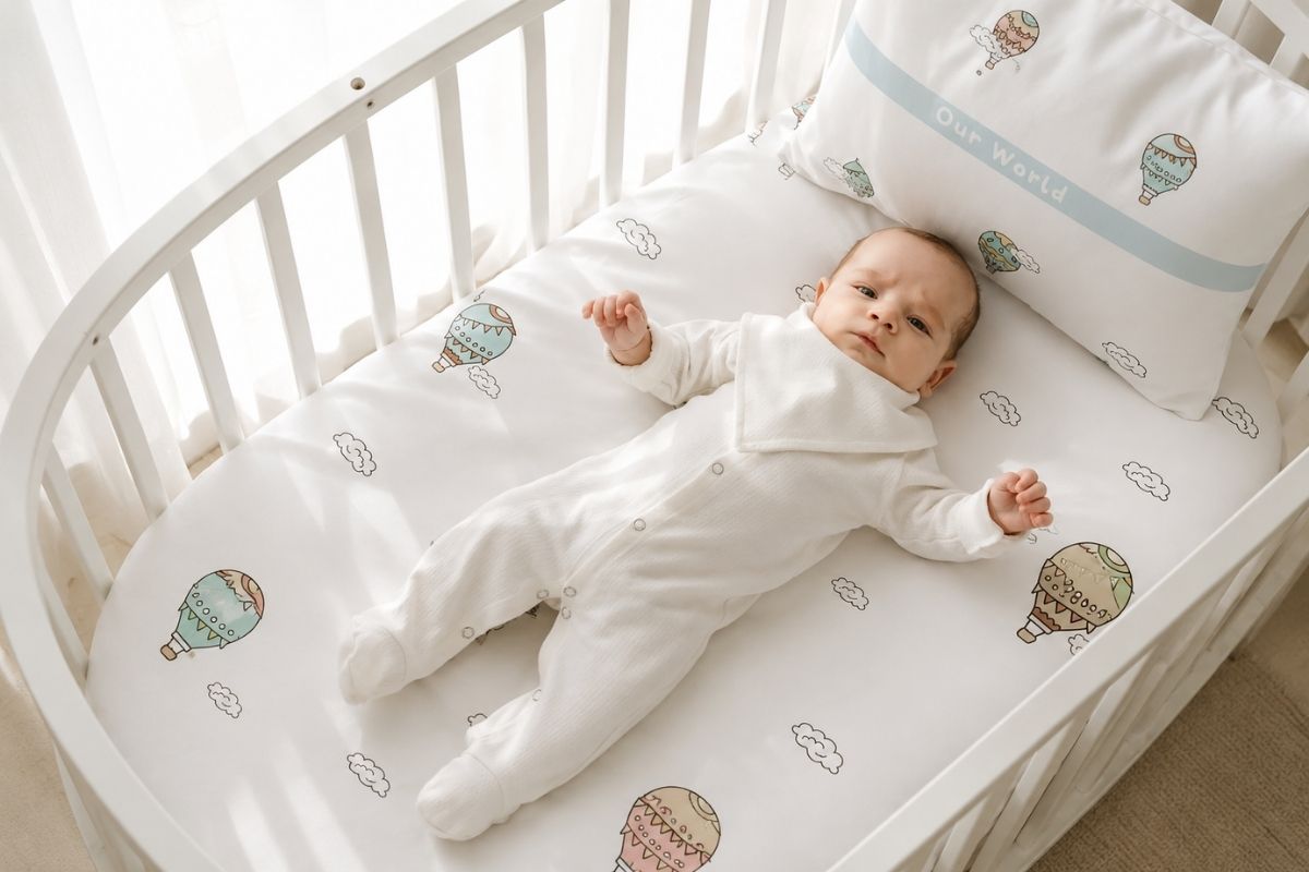 Safe infant sleep environment featuring a snugly fitted crib bedding set in a white modern nursery crib