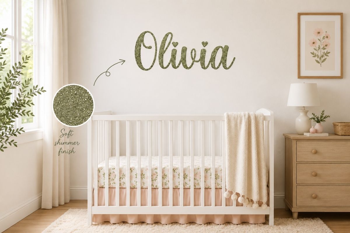 A clean and minimalist baby room featuring safe, PVC-free custom wall decals above a modern wooden crib.