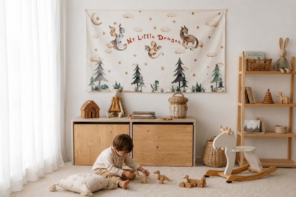 A premium dragon tapestry with whimsical fairytale illustrations hung as a central focal point on a neutral bedroom wall