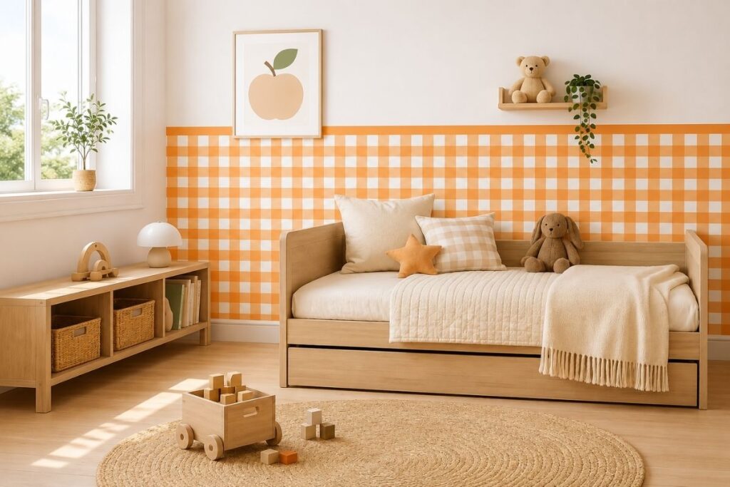 A clean and minimalist baby room showing how to decorate a gender-neutral nursery using natural wood and earthy tones.