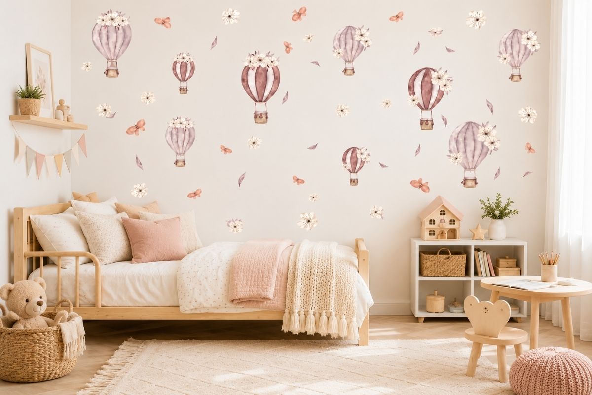 A clean and minimalist baby room showing how to decorate a nursery on a budget using peel and stick wall decals.