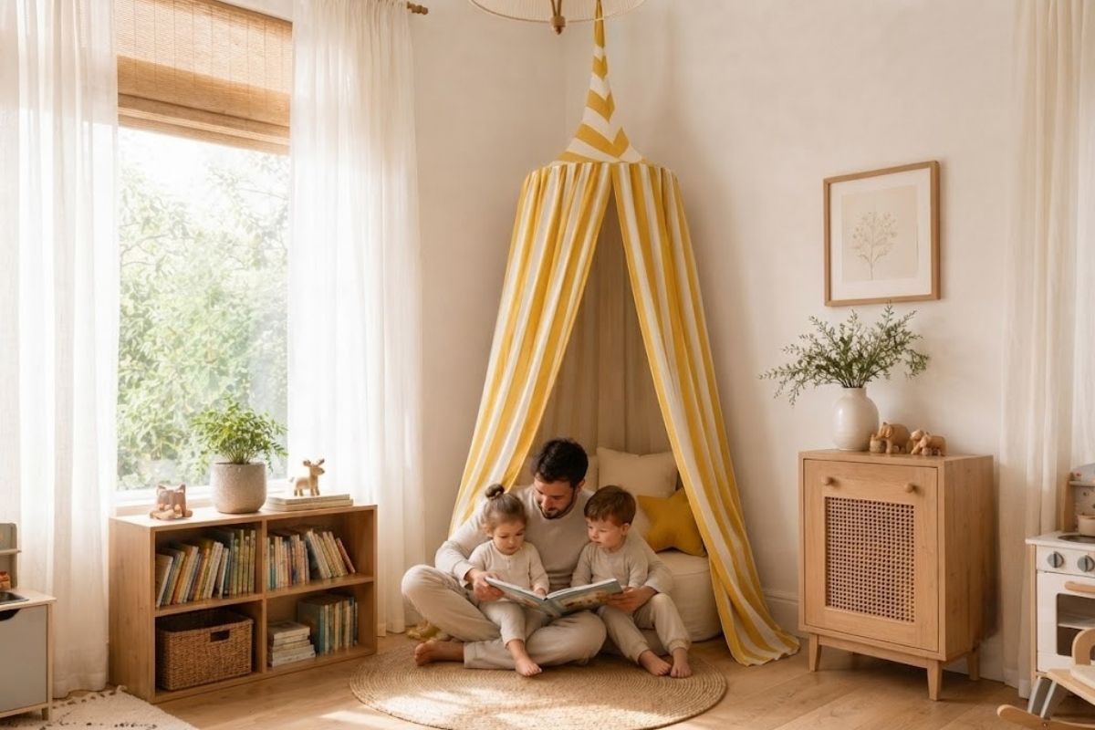 Montessori-style toddler room with floor bed and low open shelving