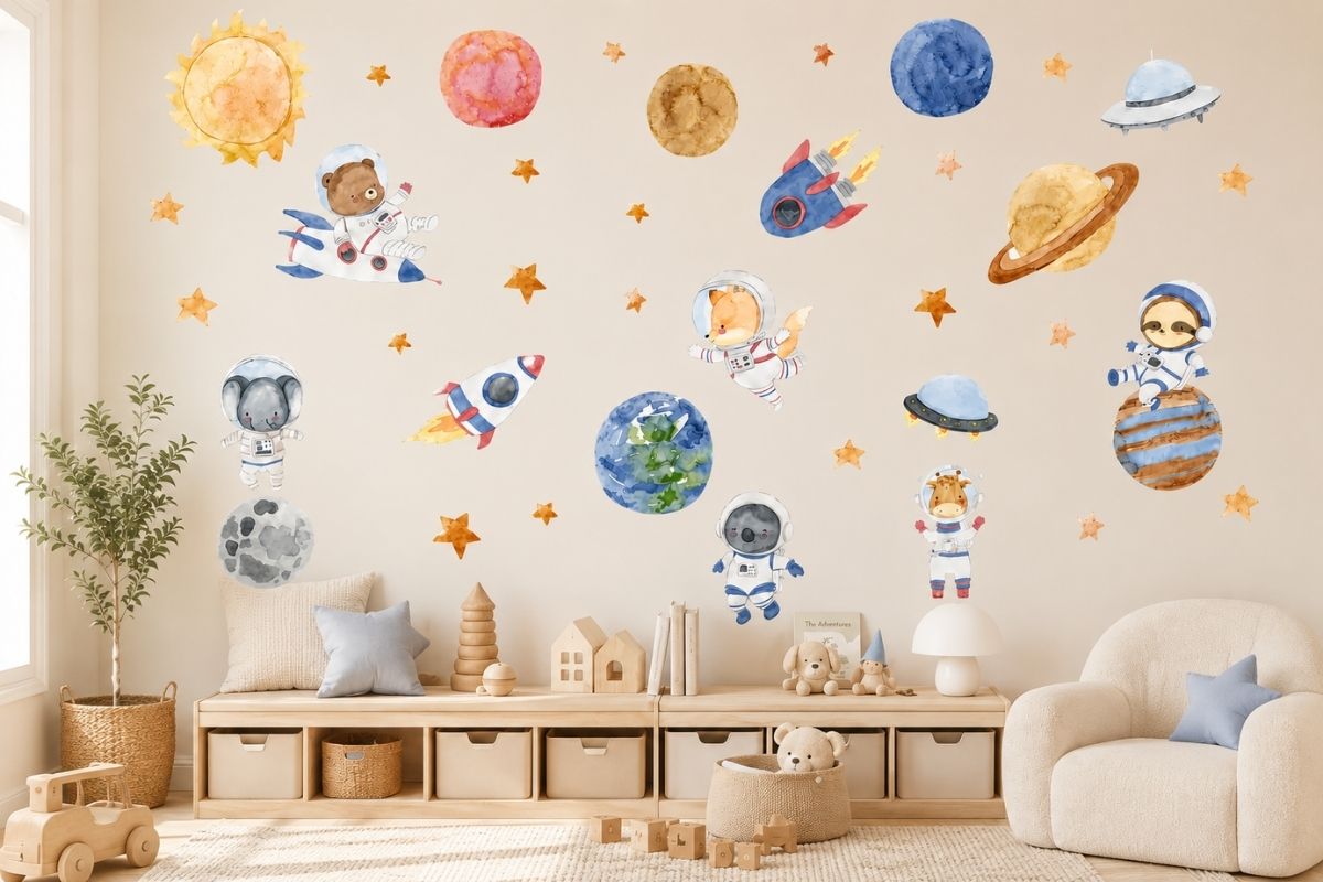 Space wall decals in nursery with planets and stars