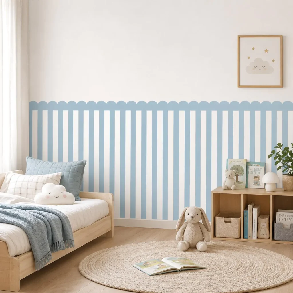Striped scalloped wainscoting wallpaper in a coastal-style nursery