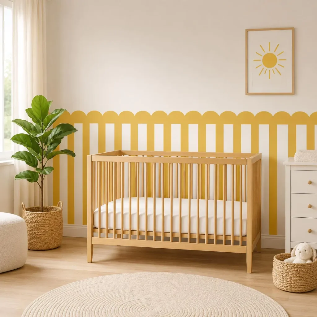 Mustard yellow striped scalloped wainscoting behind a nursery crib