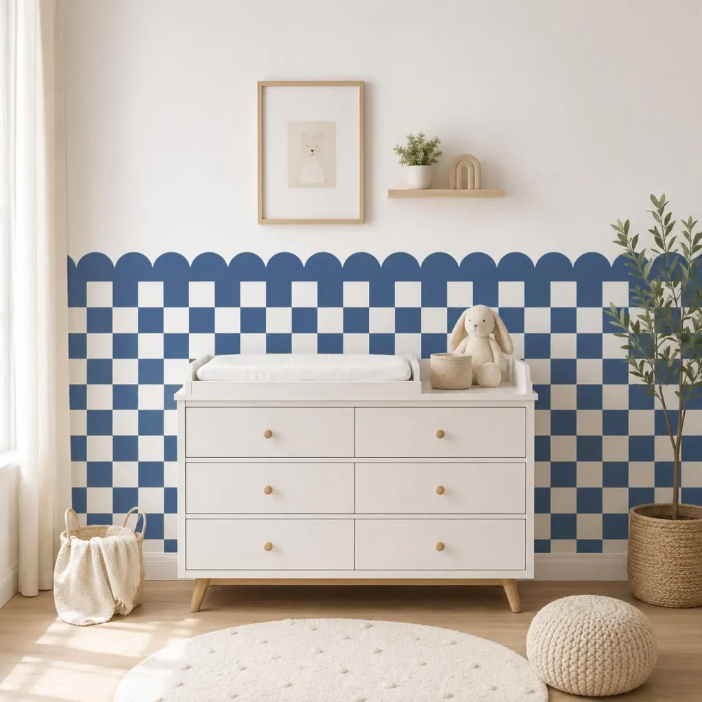 Two-tone sage and blue striped scalloped wainscoting in a shared kids' room