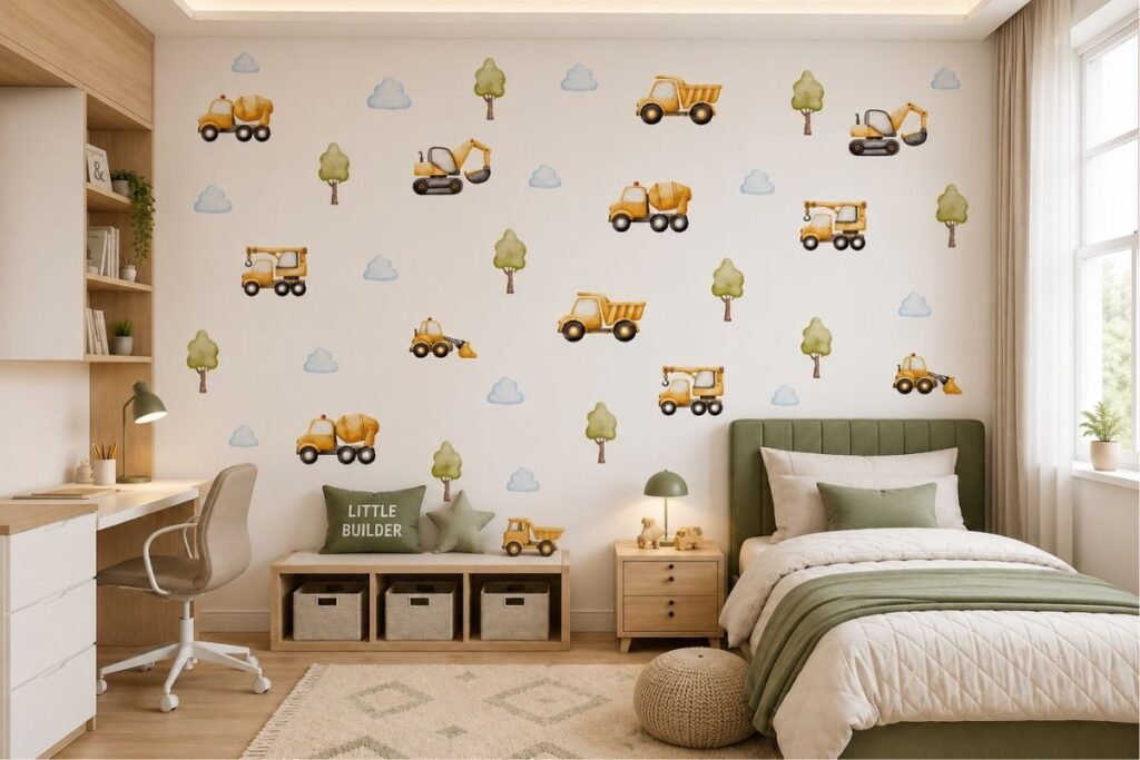 Realistic vehicle wall decals in a modern boy's bedroom
