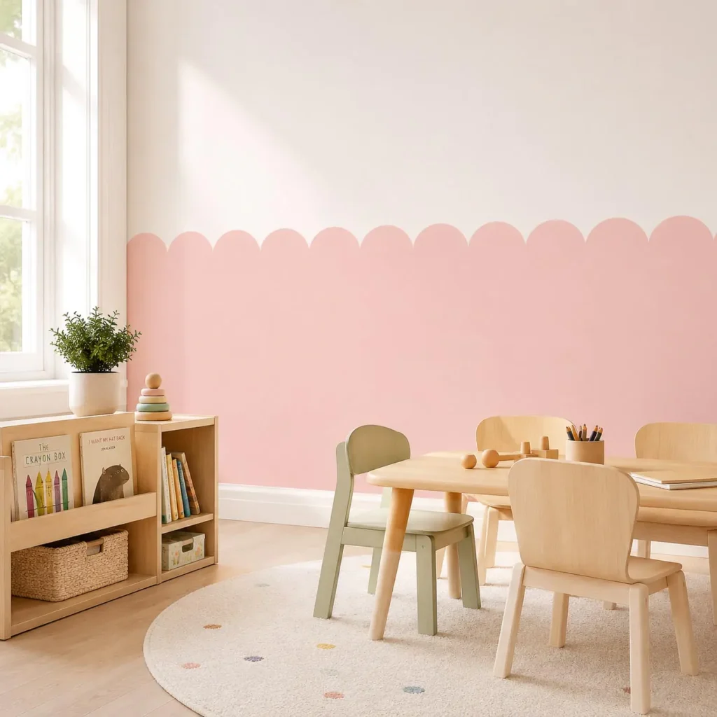 Wainscoting panel paired with a wooden growth chart in a nursery