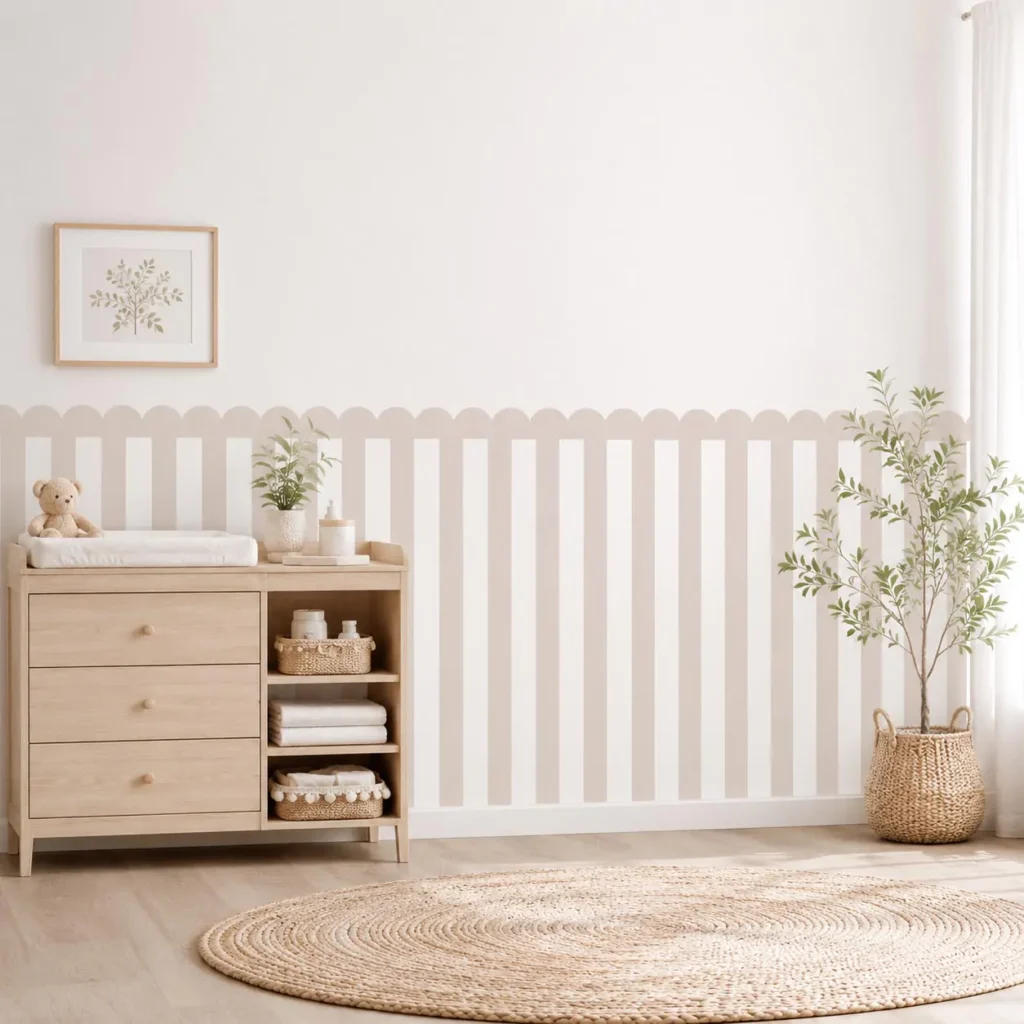Peel and stick striped scalloped wainscoting wallpaper in a nursery