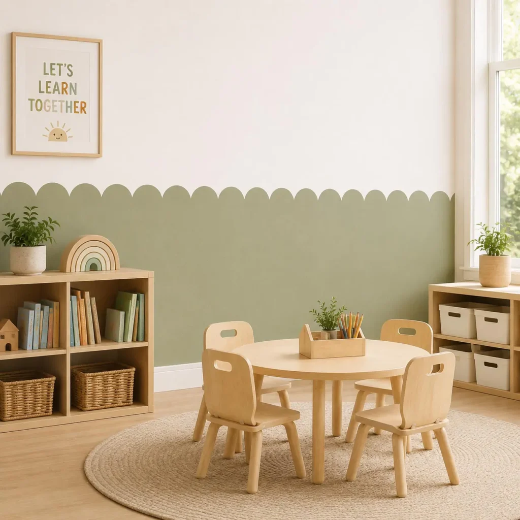 Wainscoting wallpaper defining a cozy reading nook